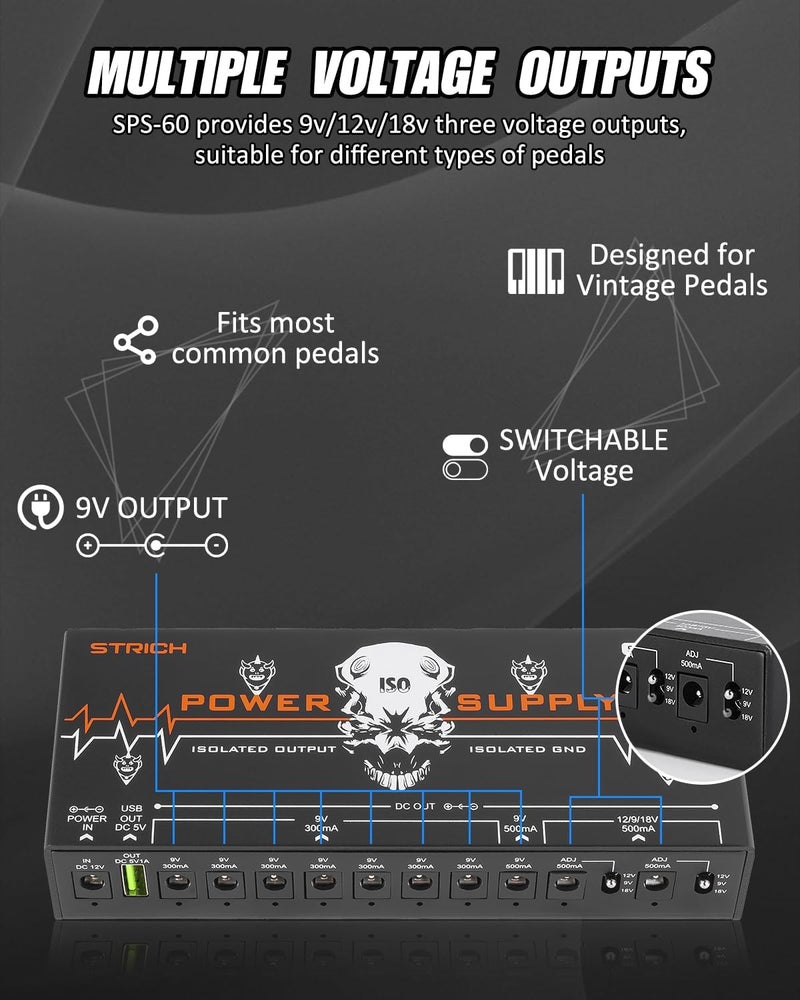 STRICH SPS-60 Guitar Pedal Power Supply, 10 Totally Independent DC Outputs Pedal Board Power Supply for 9V/12V/18V (300mA/500mA) High Power for Power High-current Effect Pedal - Image 4
